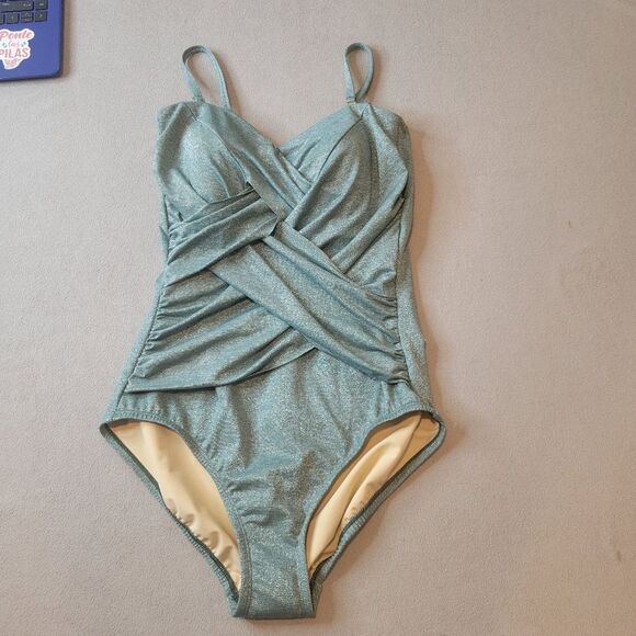 Lands' End Shine Green Bandeau Tummy Control Size 10 Swimsuit One Piece - Picture 1 of 6